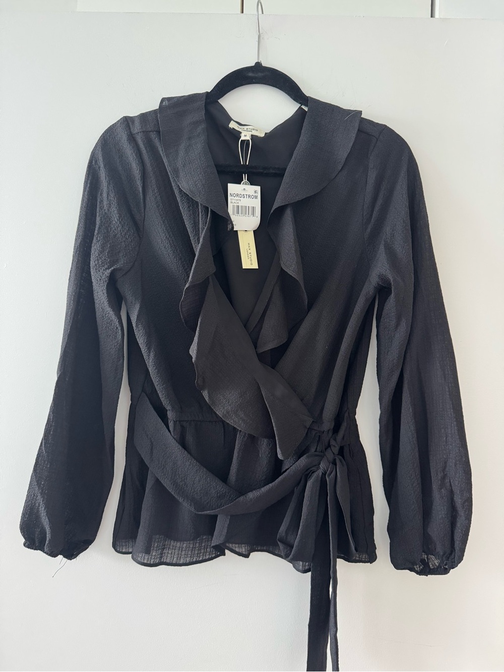 Max Studio Black Ruffle Tie-Waist Wrap Blouse